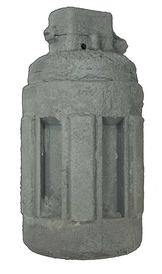 Grenade textured with Jesmonite & isopon body filler and sprayed with grey primer