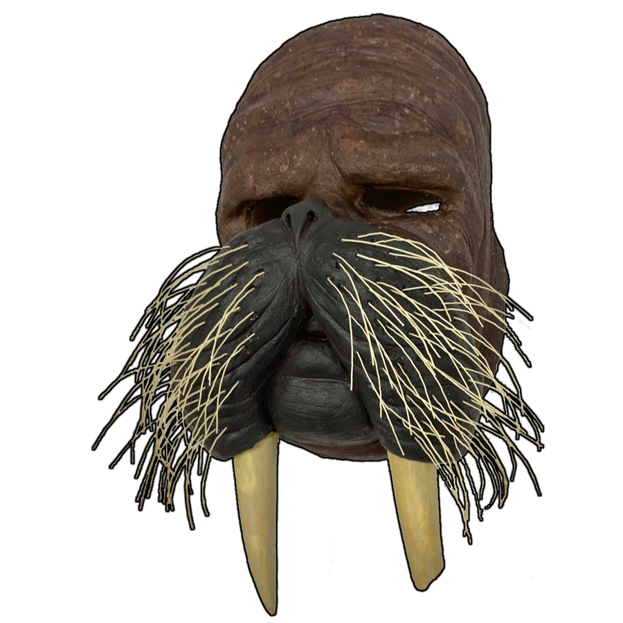 A painted latex mask of a human-animal hybrid character made using a plaster cast of a clay sculpt.
