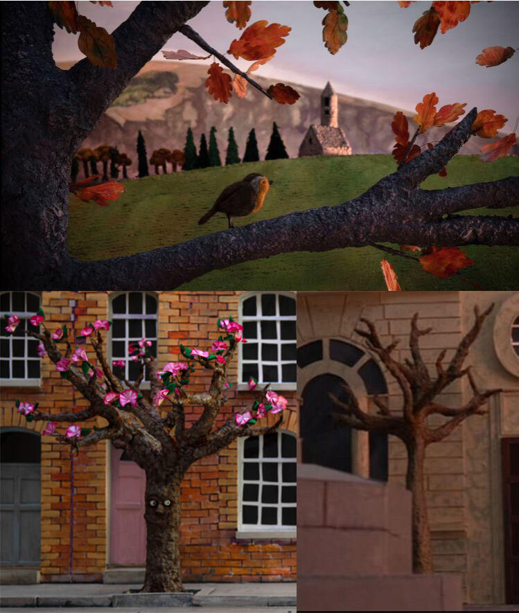 Miniature set elements created for the stop-motion studio: Studio 9 for their animated short: 'Akita and the Wolfhound'. Includes: Paintwork on tree branch( above), background monastery (above), cherry blossom tree (below left), background tree (below righ