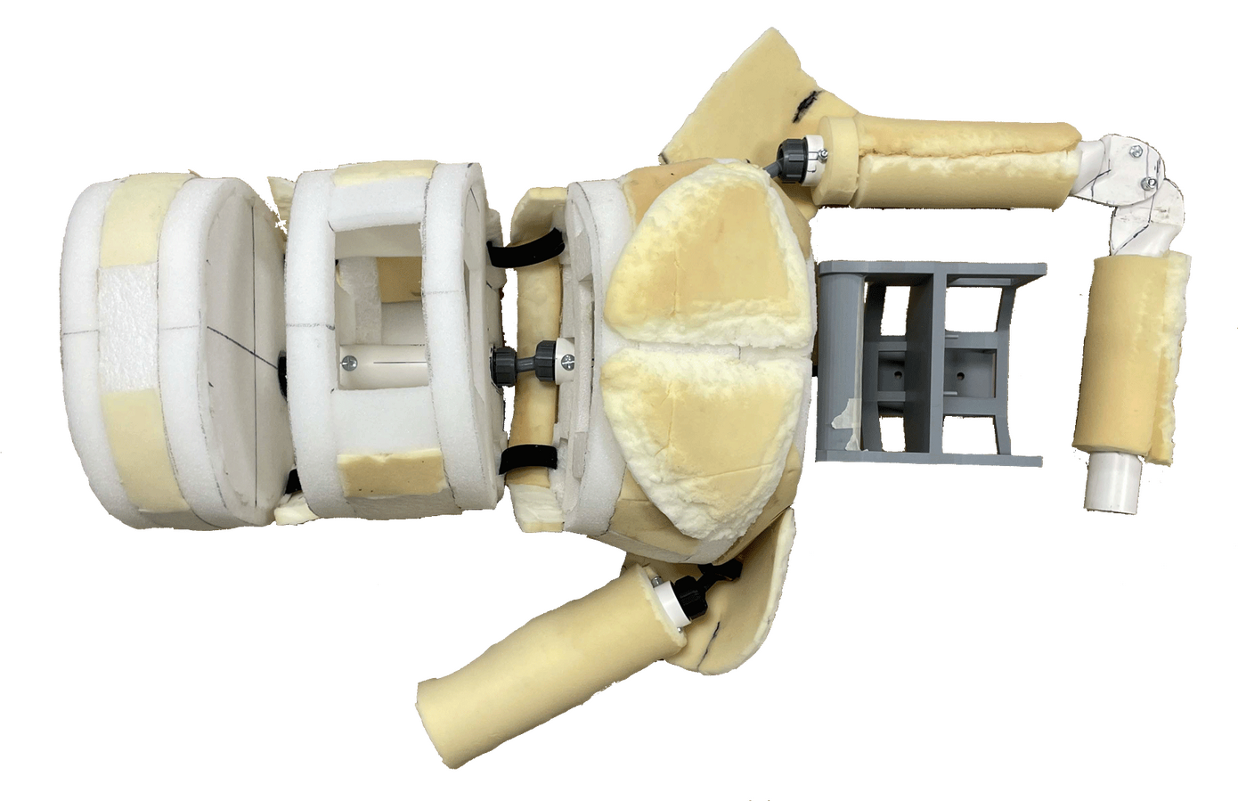 Base body - consists of an internal frame made from PVC piping, a foam shell made from a combination of ethafoam and sponge foam padding, ball joint connections between head, limbs & torso sections made from 3D printed parts and a 3D printed head build