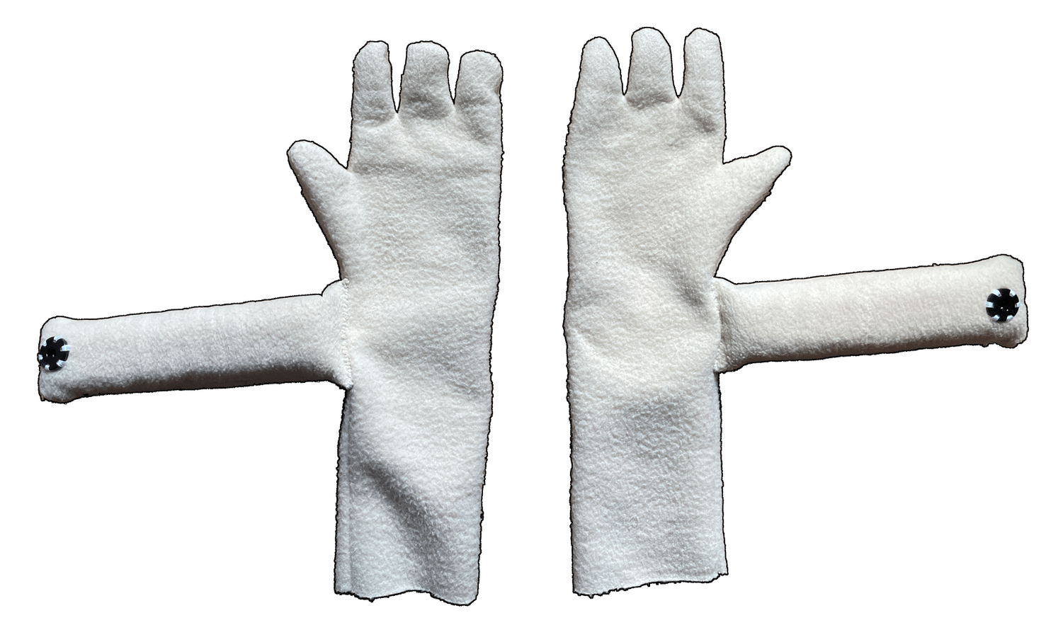 Live-hand arms made from polar fleece. Can be swapped with rod-arms and worn while performing