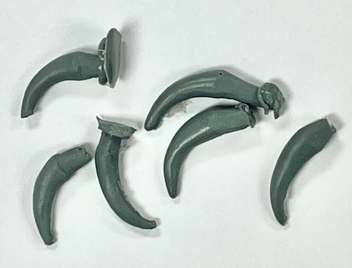 Polyurethane cast of claw pieces, later trimmed and painted dark brown to fit in with the creature sculpt