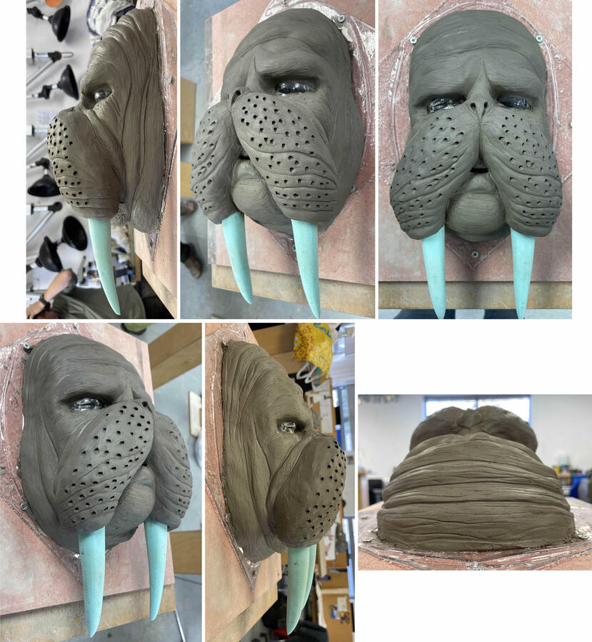 Clay sculpt sculpted over vacuum-formed plastic human face. Holes added to insert whiskers into after casting. Tusks created with carved blue foam