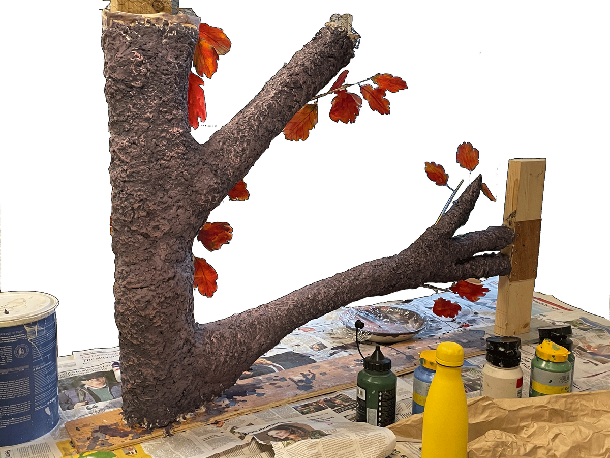 Tree painted and dry brushed, leaf pieces installed - ready for use on stop-motion set