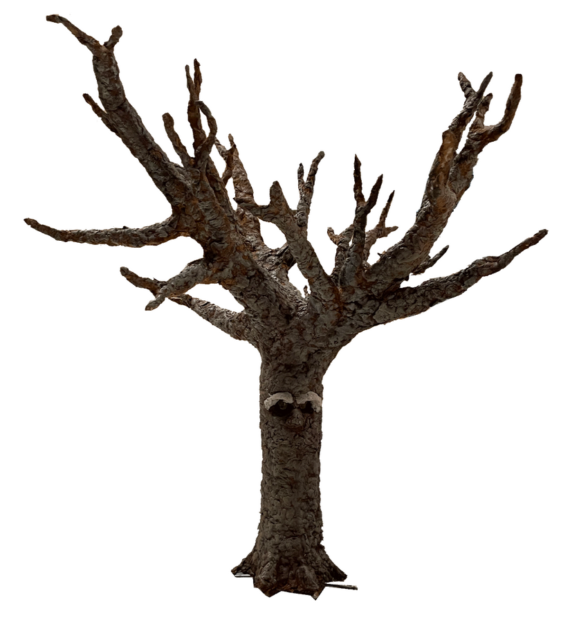 Paint layer - Acrylic paint brushed on, bark highlights added with dry brushing. Swappable eyebrows made from dried papier mache pulp